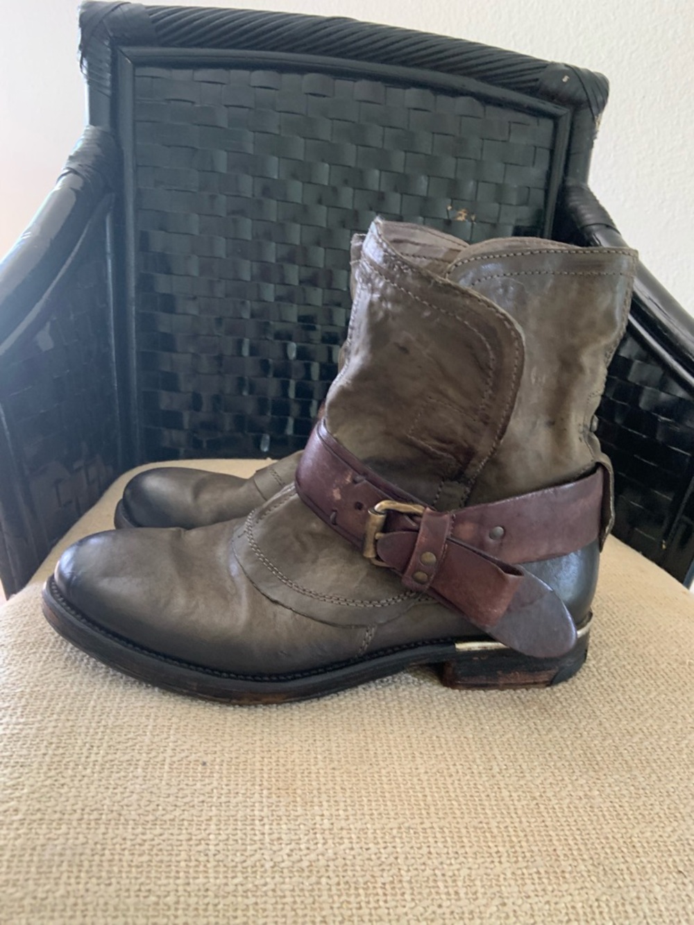 A.S.98 Green Brown Leather Harness Boots with Brown Strap